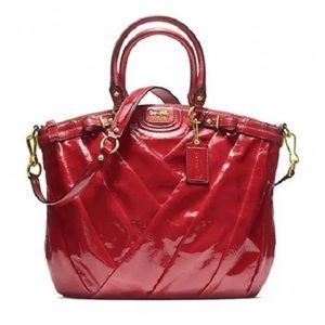 Coach Ruby Red Madison Diagonal Pleated Patent Leather Lindsey Bag F21299